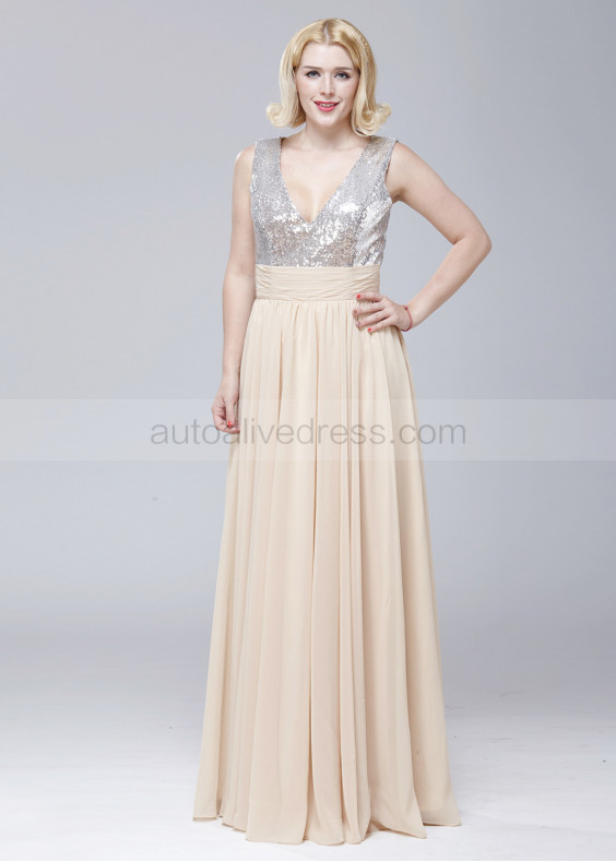 V Neck Sliver Sequin Champagne Chiffon Maxi Bridesmaid Dress